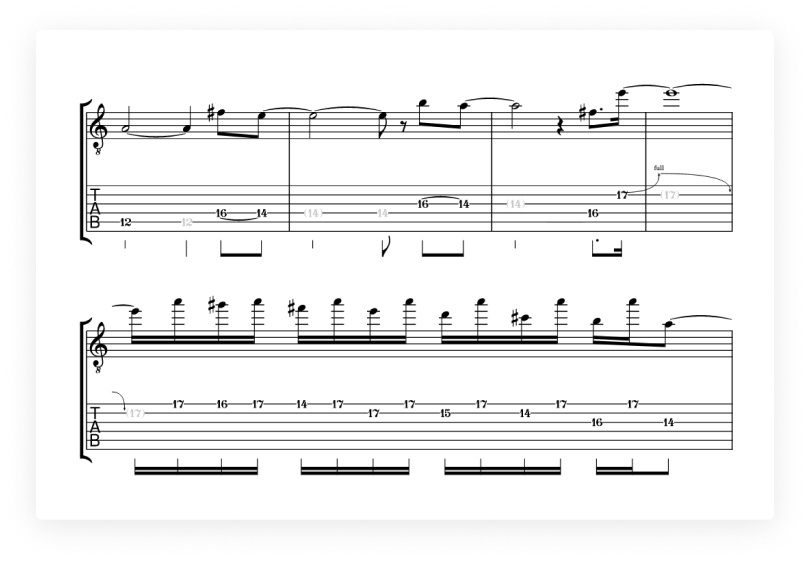 Flat ofrece soporte nativo en todas las herramientas comunes que necesitas para crear tablaturas, las cuales tienen sincronización automática con la notación musical.